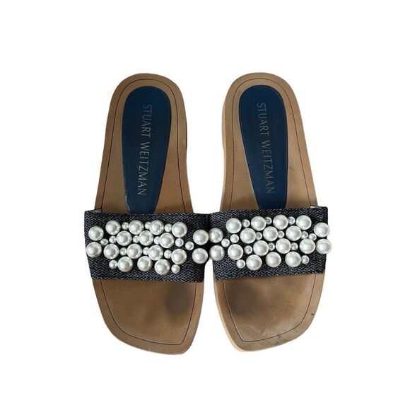 Stuart Weitzman Pearl Denim Sandals Slides size 9 - Picture 1 of 6